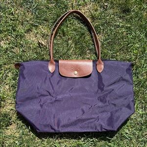 Longchamp Purple Marine  Travel Bag  Le Pliage Brown Handles